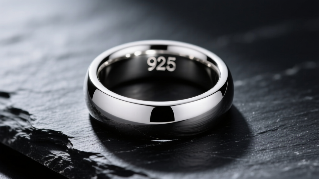 Macro photo of a polished 925 sterling silver signet ring on dark slate, clearly showing the stamped hallmark on the inner band