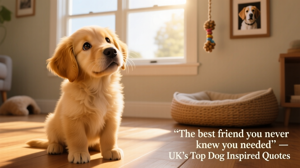A golden retriever puppy gazing up with wide, adoring eyes, bathed in soft natural light