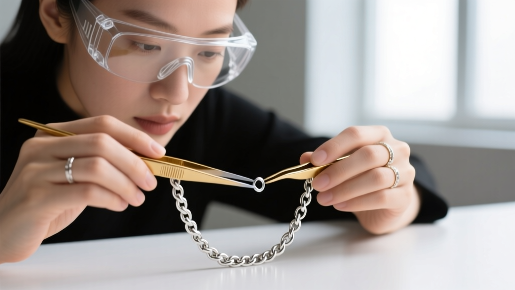 Jeweler wearing safety glasses aligning a 3mm jump ring between two ends of a silver figaro chain using fine brass tweezers.