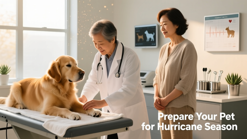 A veterinarian gently examines a dog’s paw while the owner watches calmly; both pet and human appear relaxed and trusting in a clean, sunlit exam room.