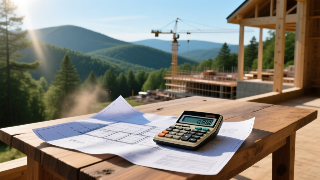 Blueprints and a calculator on a wooden table overlooking a Virginia Blue Ridge mountain home construction site in progress