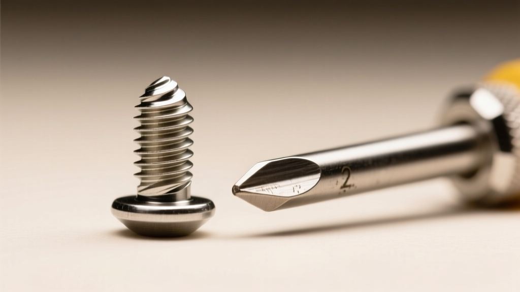 Macro shot of a 2mm M2 stainless steel urn screw next to a precision screwdriver, illuminated by bright studio lighting.