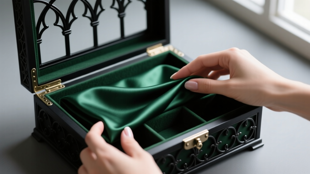 Hands pressing dark green anti-tarnish flannel fabric into the bottom compartment of a custom gothic jewelry storage box.