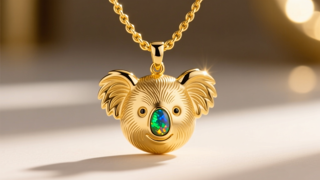 Close-up of a 14k recycled yellow gold koala necklace pendant with a small inlaid Australian boulder opal on a delicate rope chain.