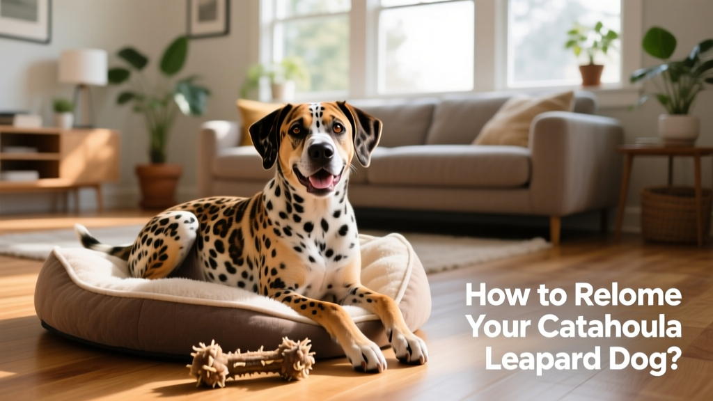 Happy Catahoula Leopard Dog resting beside a cozy dog bed and chew toy in a bright, welcoming living room