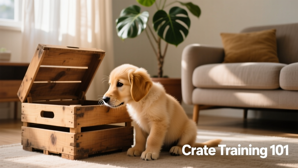 Puppy curiously sniffing an open crate placed in a living room