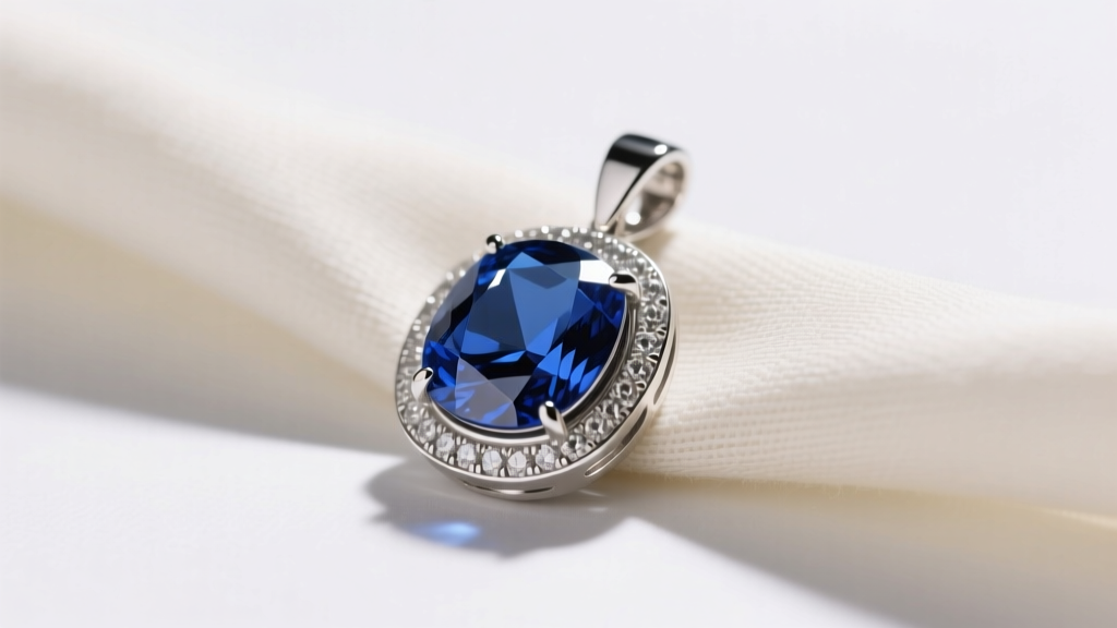 Close-up of a platinum bezel-set blue sapphire pendant on cream linen, highlighting the secure metal rim and high polish finish.