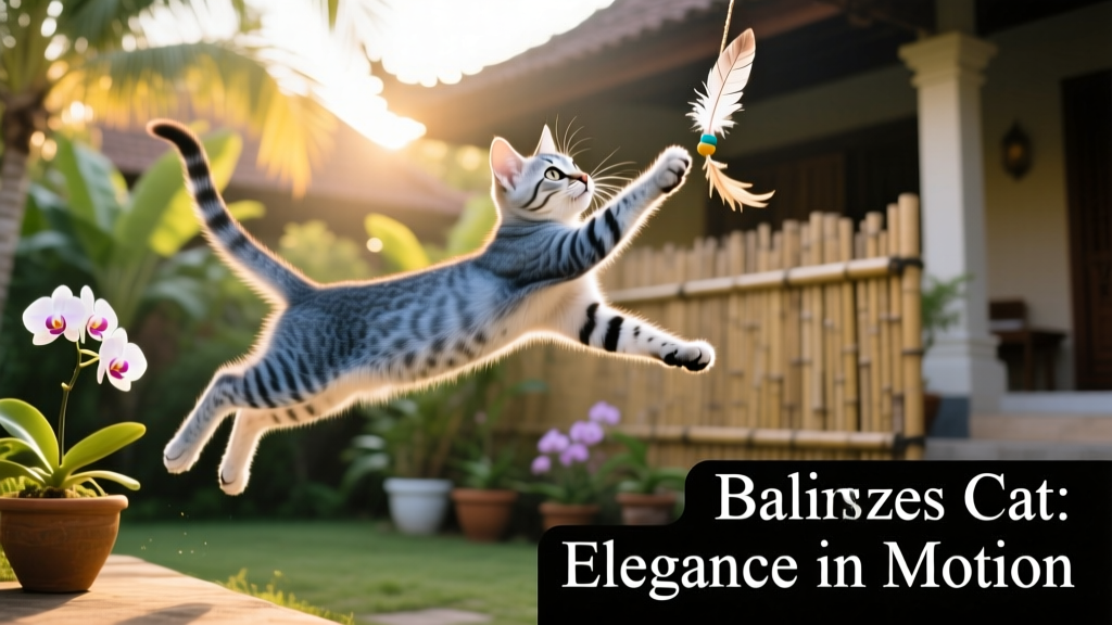 A playful Balinese kitten leaping mid-air toward a dangling feather toy, showcasing its agility and grace