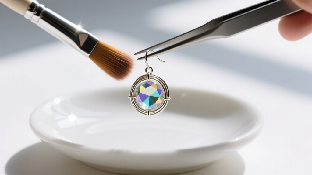 Soft brush dusting a wire-wrapped glass bead earring held by tweezers over a white ceramic dish in bright natural light
