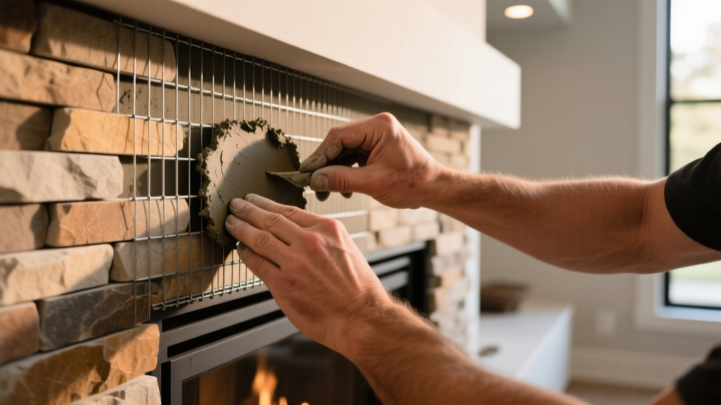 Hands applying Type S mortar to wire lath while installing stacked manufactured stone veneer on a modern living room fireplace