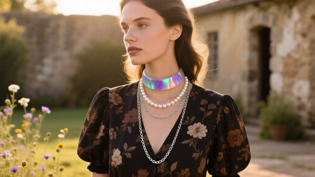 Woman wearing a layered 16-inch opalite choker and 18-inch silver chain over a dark floral cottagecore blouse in warm sunlight