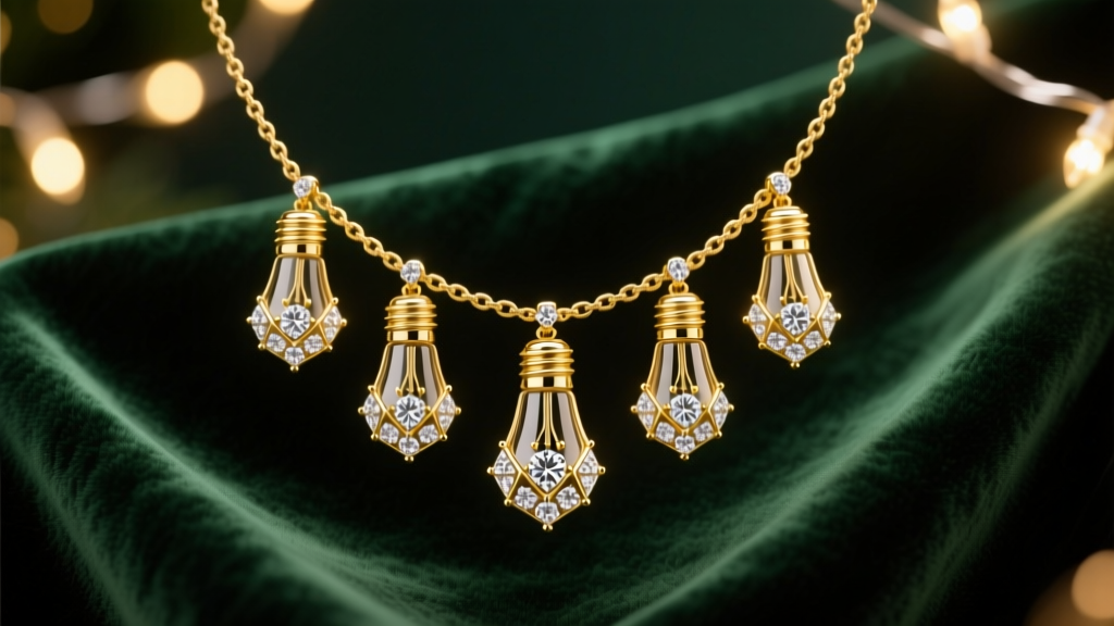 Elegant 18k gold necklace with five diamond-encrusted lightbulb pendants on dark green velvet, lit by warm ambient holiday lights
