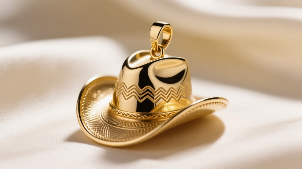 Macro shot of a gold vermeil cowboy hat pendant showing brim detailing and a hidden bail against a blurred cream silk backdrop.