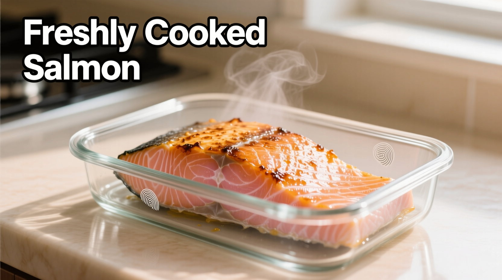 Cooked salmon in glass storage container