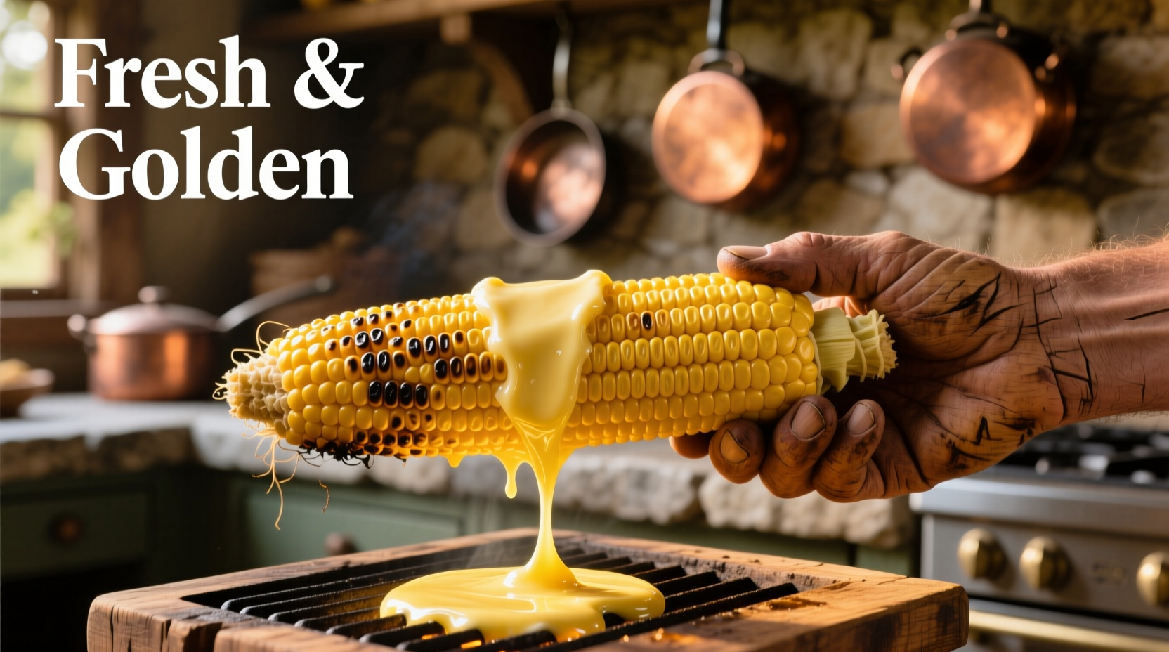 Golden corn on cob with butter dripping