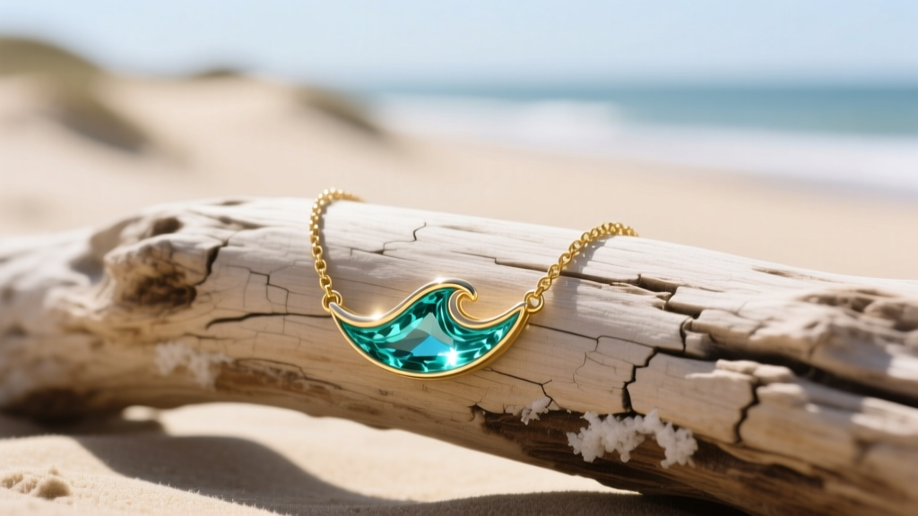 14k gold necklace with bezel-set aquamarine wave pendant resting on sun-bleached driftwood under bright, natural coastal sunlight