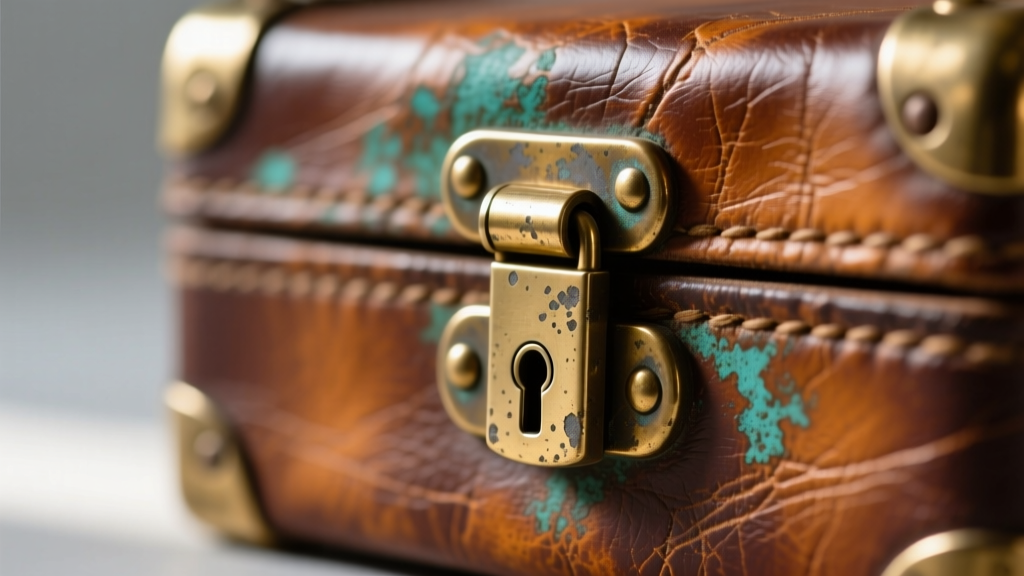 Macro shot of a tarnished brass butt hinge and steel lock on a vintage leather jewelry box, showing slight oxidation and wear