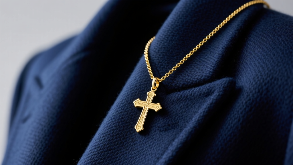 Macro shot of a 14k yellow gold 1mm cable chain with a cross pendant resting on a navy blue blazer in soft studio lighting.