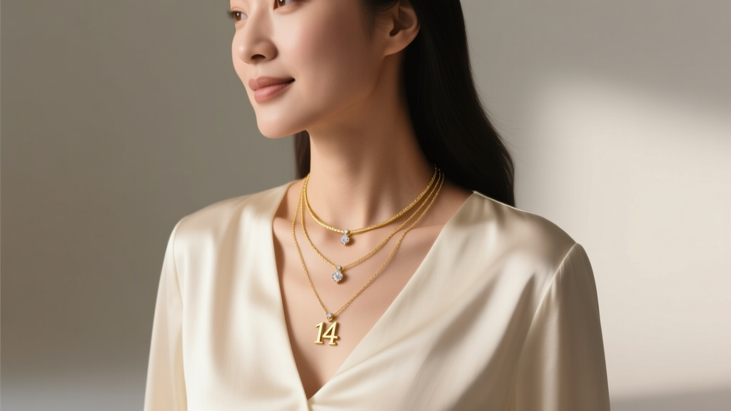 Mother wearing three layered 14k gold initial necklaces with diamond accents over a cream silk blouse in soft natural lighting