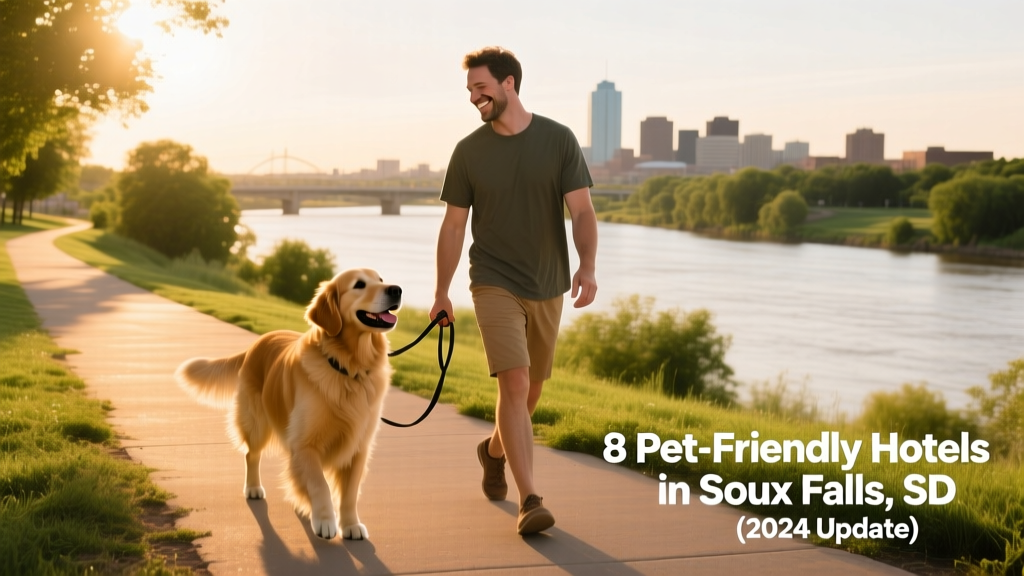 A happy dog and owner enjoying a sunny afternoon walk along the bike path overlooking the Big Sioux River