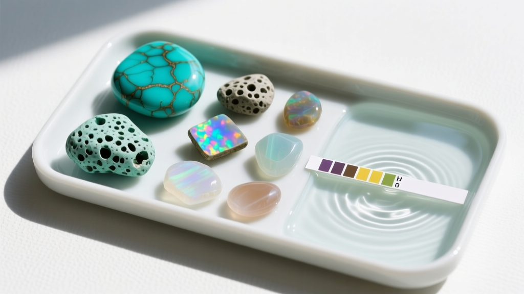 Overhead view of a gem tray holding sorted porous stones like turquoise and opal next to a pH testing strip and distilled water