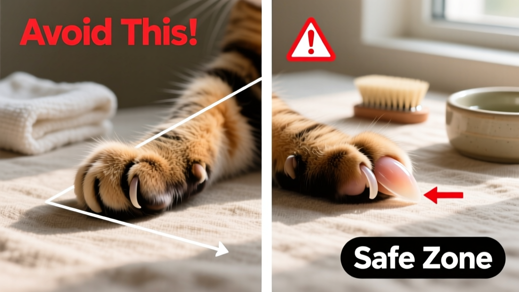 Side-by-side comparison showing correct 45-degree nail trim versus straight-across cut, with arrows indicating proper angle and safe cutting zone