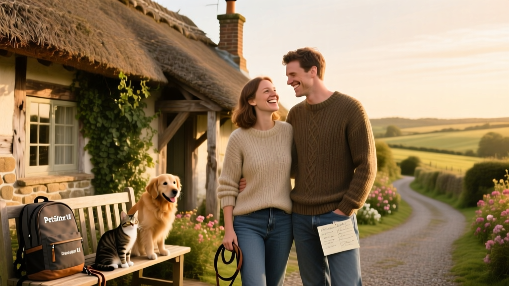 Kirsty and Lawrie smiling outside a historic thatched cottage in rural England