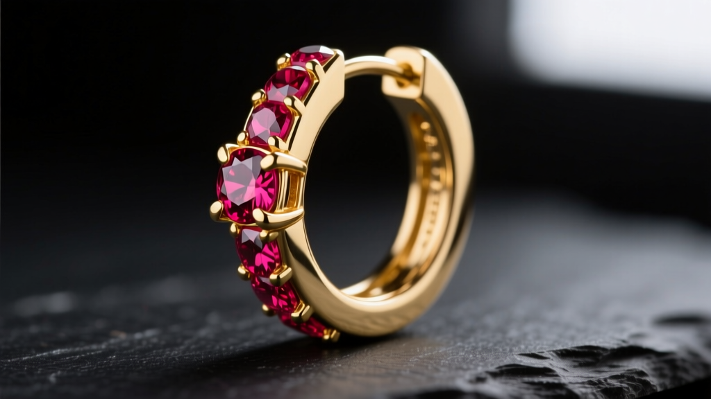 Macro shot of a 16-gauge 14k gold huggie earring with channel-set lab-grown rubies on dark slate, showing prong work and finish