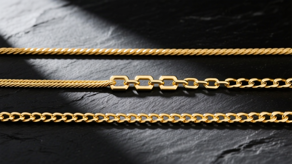 Flat lay of three extra long gold chains in cable, box, and Figaro styles, arranged in parallel lines on a dark slate backdrop