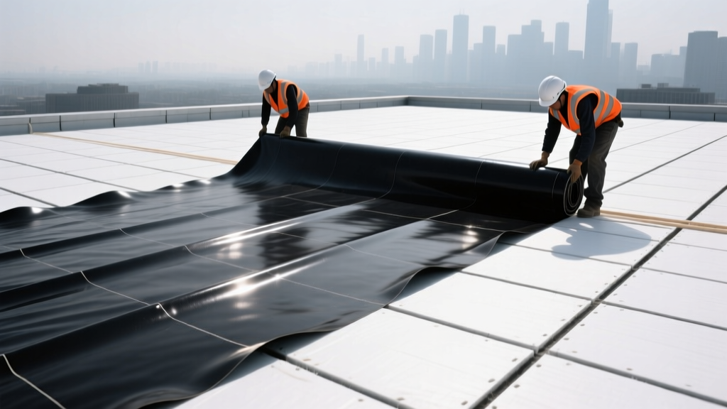 Commercial flat roof installation showing workers unrolling a large black EPDM rubberized roofing membrane over rigid polyiso insulation boards
