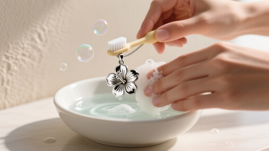 Hands gently scrubbing a silver hibiscus flower pendant with an extra-soft baby toothbrush and mild soapy water in a ceramic bowl