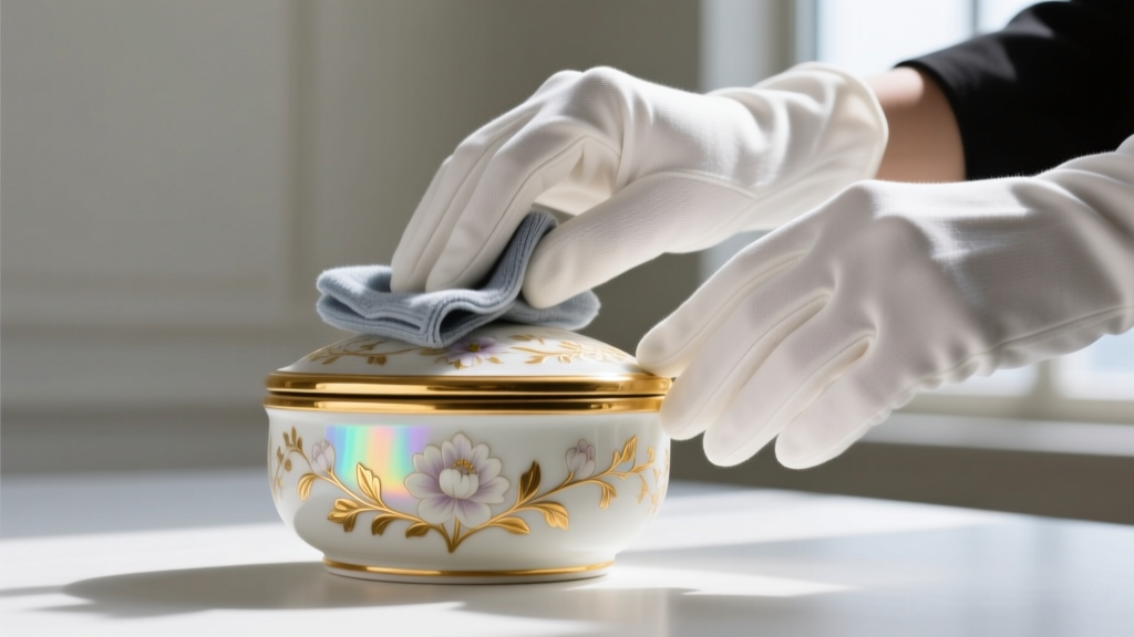 Hands wearing white cotton gloves gently wiping the gold-gilt rim of a delicate bone china trinket box with a microfiber cloth.