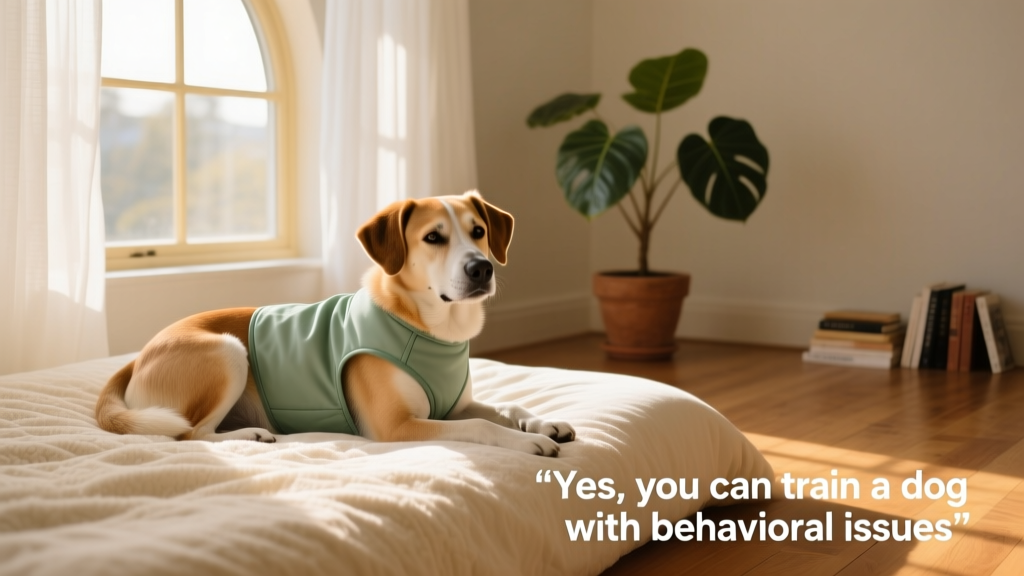 A dog wearing a calming vest, resting peacefully on a cozy bed beside a window with soft light — illustrating a safe, low-stimulus space