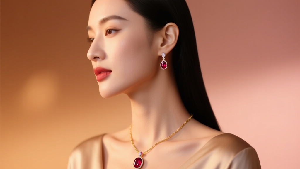 Woman wearing a ruby pendant necklace and coordinating drop earrings, profile view against a warm, softly blurred background.