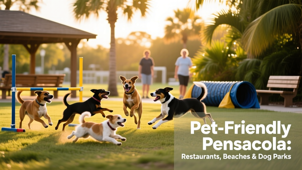 Group of dogs playing together in Kiwanis Dog Park, with agility equipment and shaded benches visible in the background