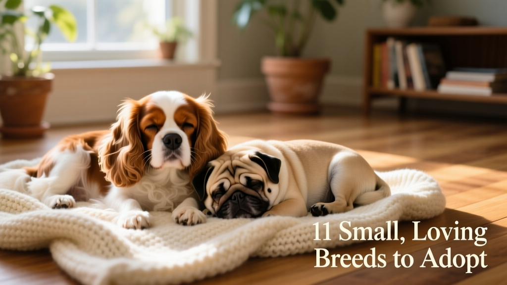A Cavalier King Charles Spaniel and a Pug napping side by side on a soft blanket