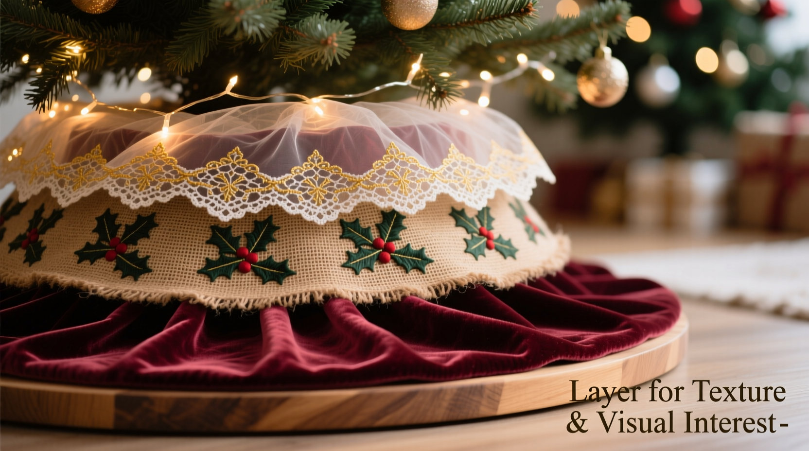 how to layer christmas tree skirts for texture and visual interest on your base