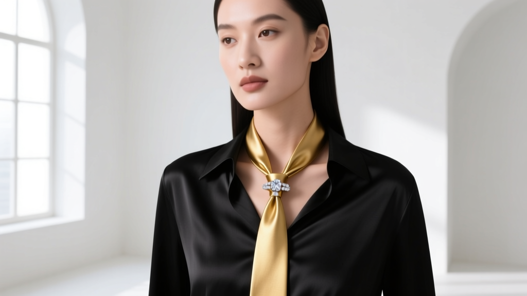 Elegant woman wearing a 14k gold necktie necklace with a diamond sliding clasp over a black silk blouse, soft studio lighting.