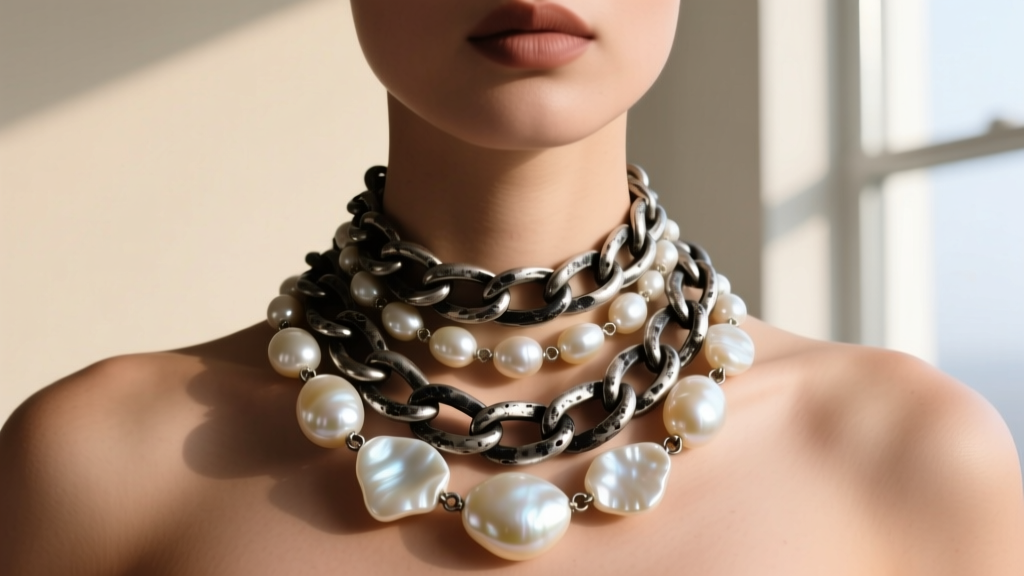 Close-up fashion editorial featuring layered irregular baroque freshwater pearls mixed with heavy oxidized silver chain necklaces
