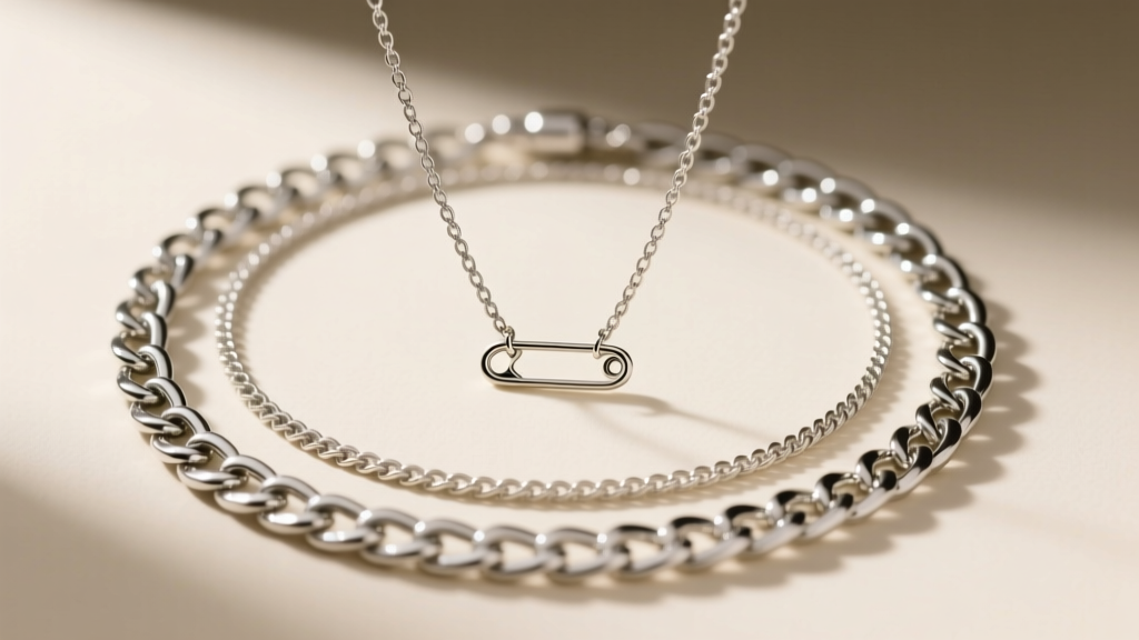 Layered styling featuring a delicate 16-inch silver chain with a small safety pin pendant alongside a thicker 20-inch curb chain.