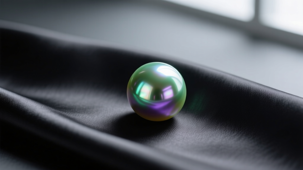 Peacock Tahitian pearls with green and purple overtones on black silk, photographed above against a matte charcoal background.