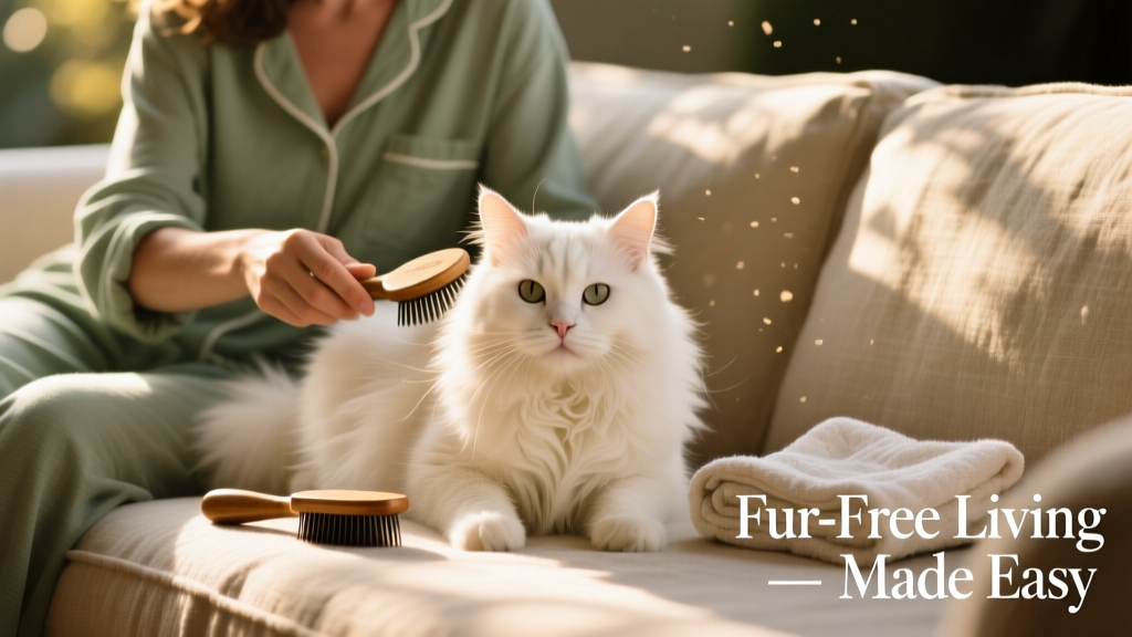 A person gently brushing a fluffy cat on a sunlit sofa, with a grooming brush and towel nearby