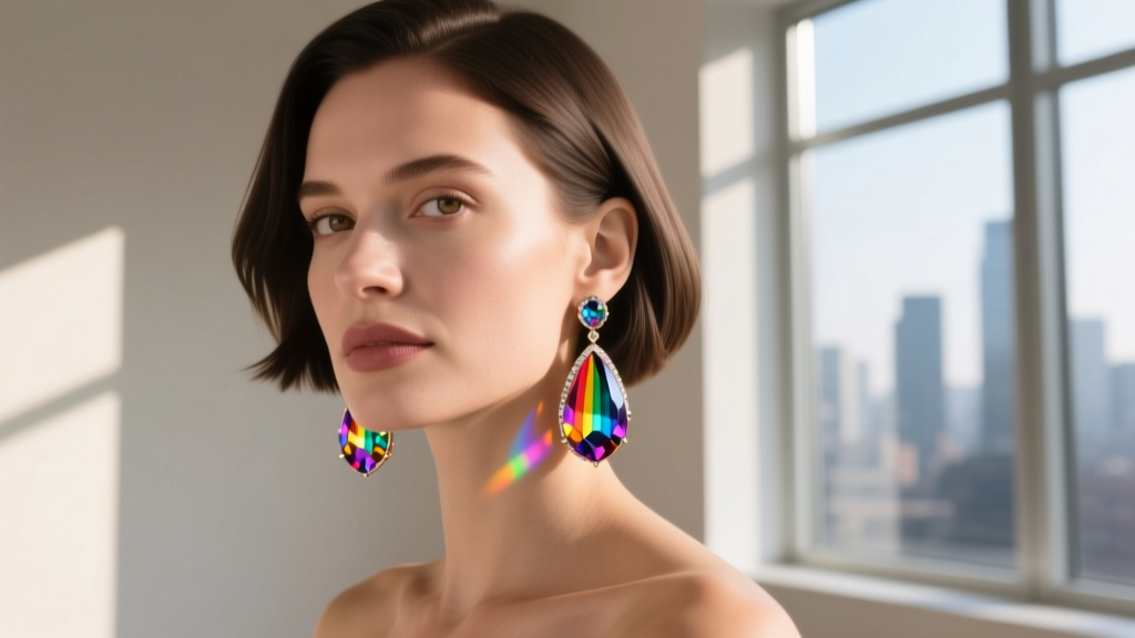 Woman wearing Asch Grossbardt Rainbow drop earrings, showcasing vibrant multi-colored gemstones catching natural window light.