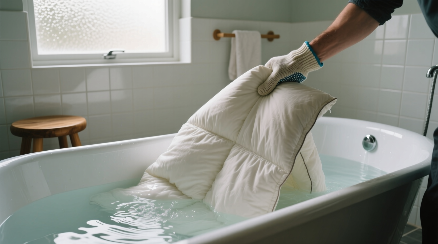 bedspread soaking in bathtub with oxygen cleaner, proper way to wash large comforter in washing machine