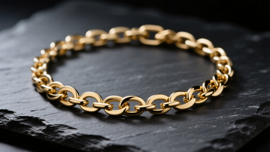 Close-up of 18k gold-plated brass chain necklace resting on dark slate, illuminated by soft directional studio lighting.