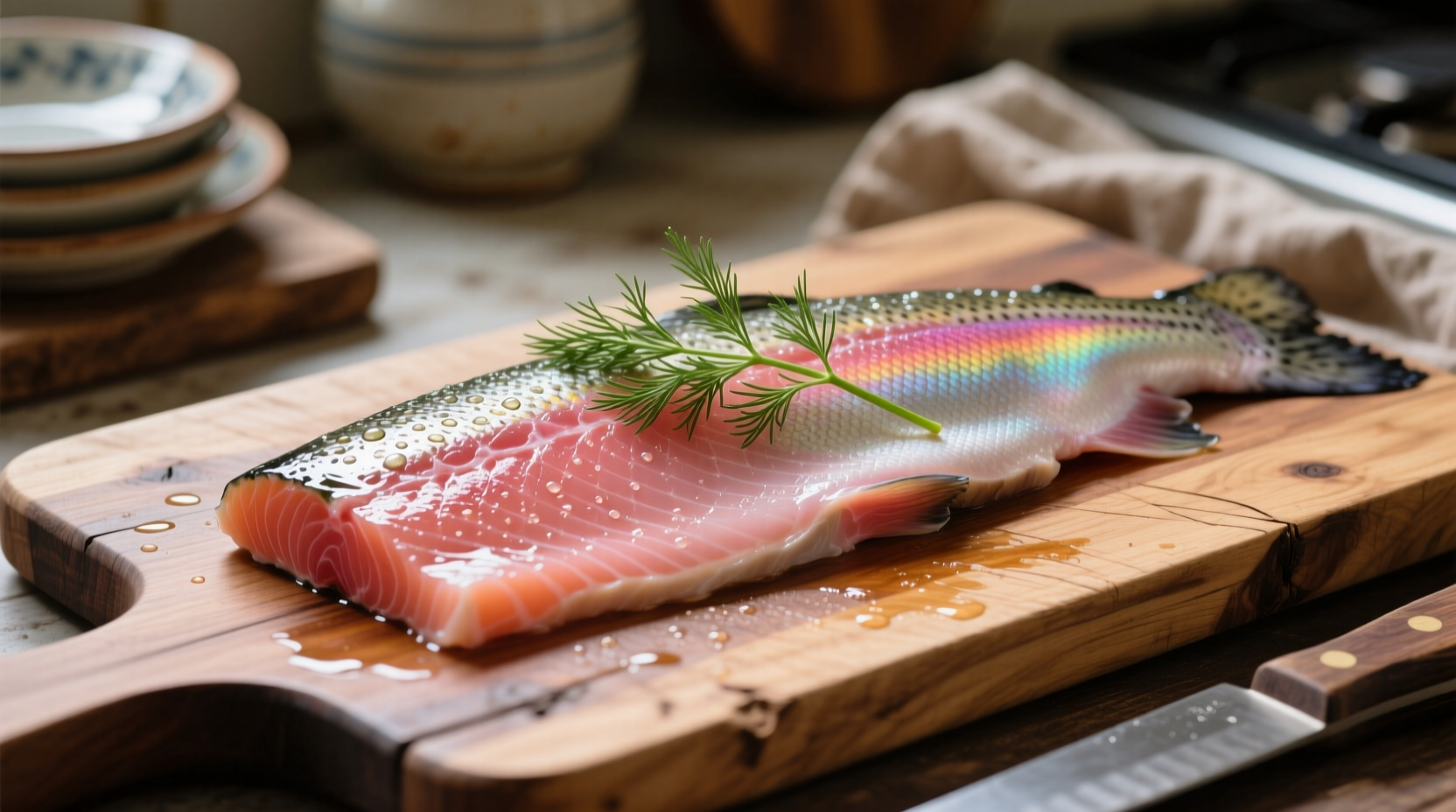 Fresh rainbow trout fillet on wooden cutting board