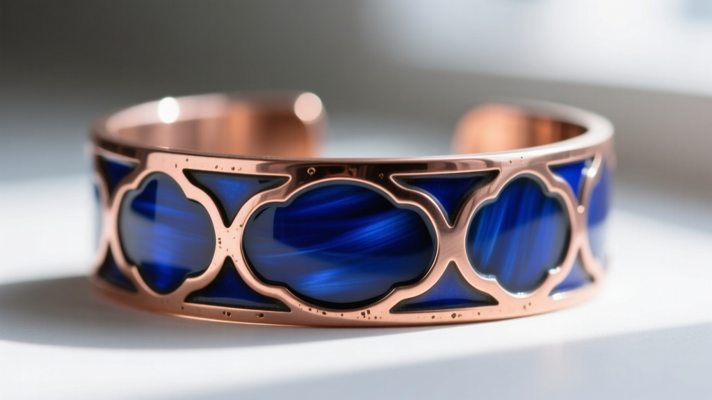 Close-up of a champlevé enameled copper cuff bracelet showing deep carved recesses filled with opaque cobalt blue glass enamel