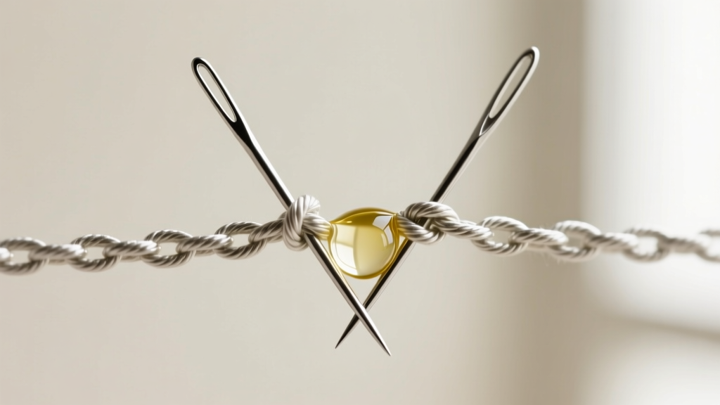 Two fine sewing pins separating a tight knot in a delicate silver rope chain, with a drop of baby oil visible on the metal links.