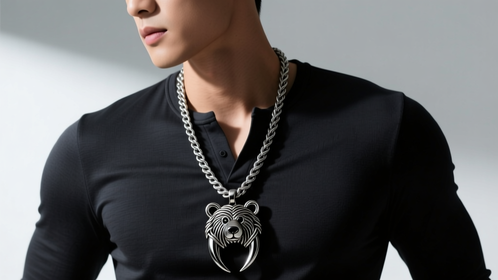 Male model in a dark henley showing a 20-inch silver rope chain and a large wire-wrapped bear claw pendant resting on his chest.