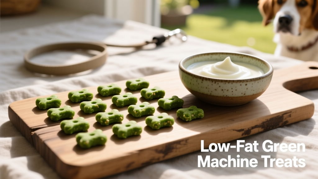 Finished green dog treats arranged neatly on a wooden board beside a small bowl of yogurt